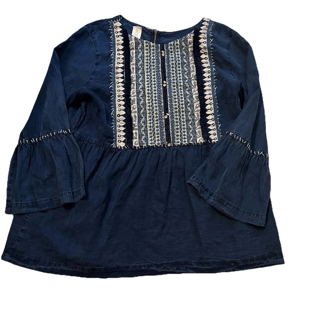 reDifind Boho Deep Blue Tunic Top with intricate ivory details Size Medium
